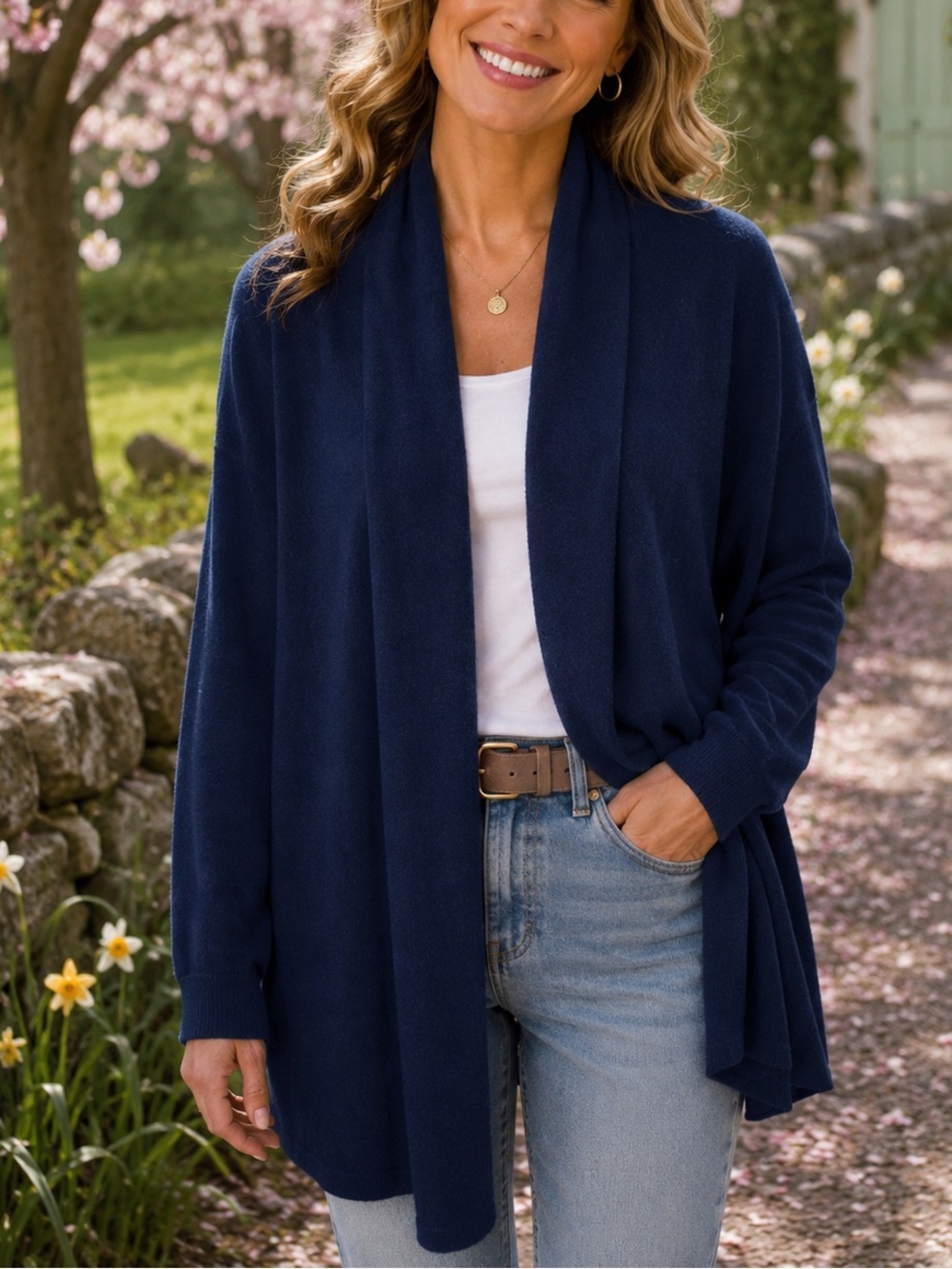 Apt. 9 Sz XL Blue 100% Cashmere Open Front Quiet Luxury Classic Cardigan Sweater